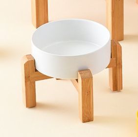 Pet Anti Rollover Ceramic With High Bamboo And Wood Frame Bowl (Option: Large 200mm-White)